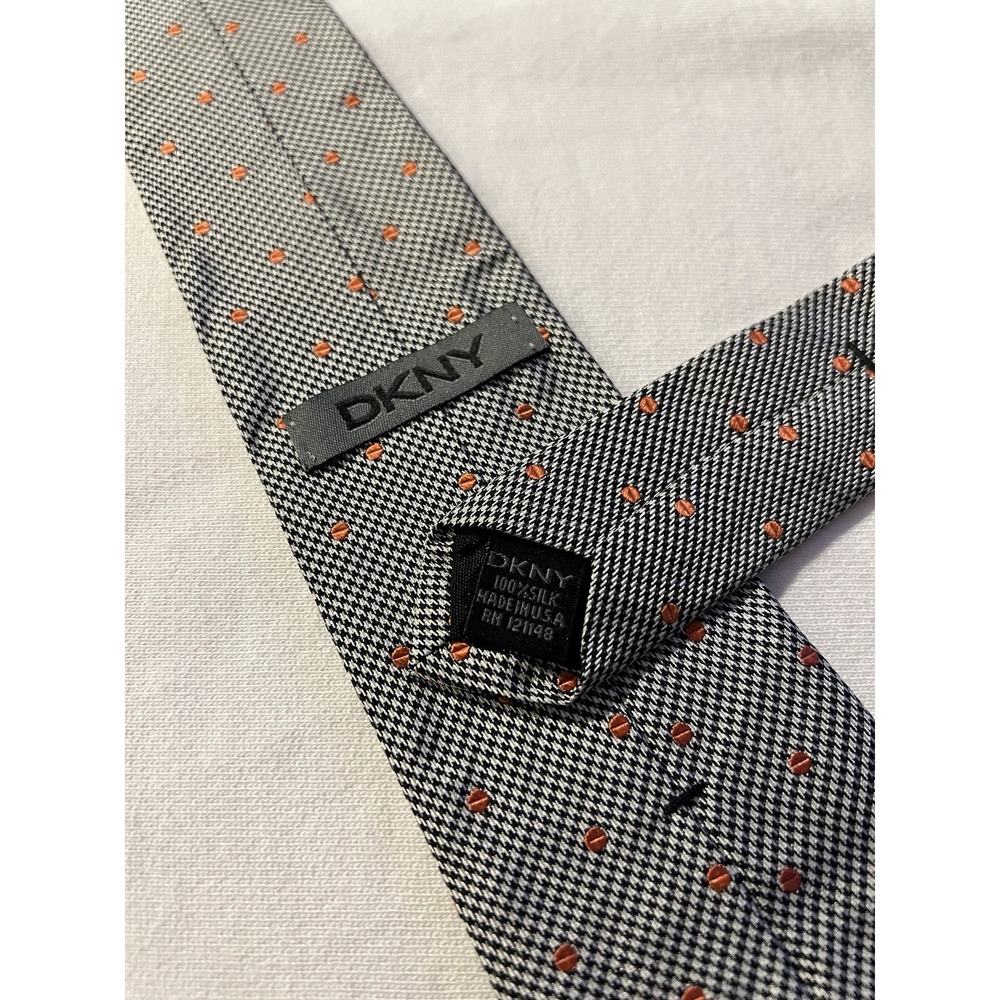 DKNY Orange Polkadot Woven Houndstooth Skinny 100% Silk Tie Necktie Made In USA
